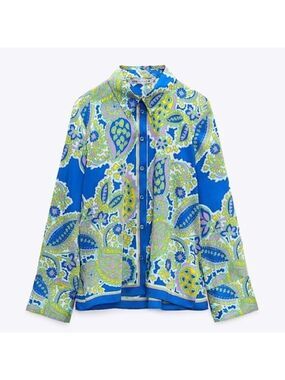 ZARA Paisley Pattern Printed Satin Effect Button Down Shirt in Blue & Green
